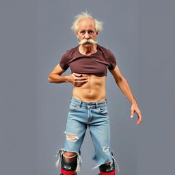 A humorous and eccentric portrayal of a skinny, thin, muscular man in his 50s with a tiny waist and defined rib cage