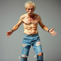 A humorous and eccentric portrayal of a skinny, thin, muscular man in his 50s with a tiny waist and defined rib cage