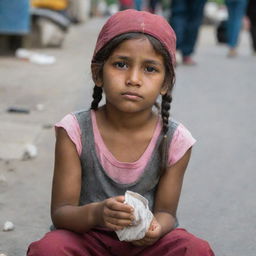 A young girl sitting on an urban street, holding out a small, worn-out cap, looking hopeful yet sad as she asks for alms.