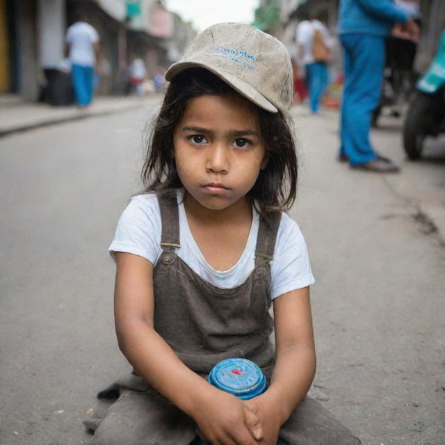 A young girl sitting on an urban street, holding out a small, worn-out cap, looking hopeful yet sad as she asks for alms.