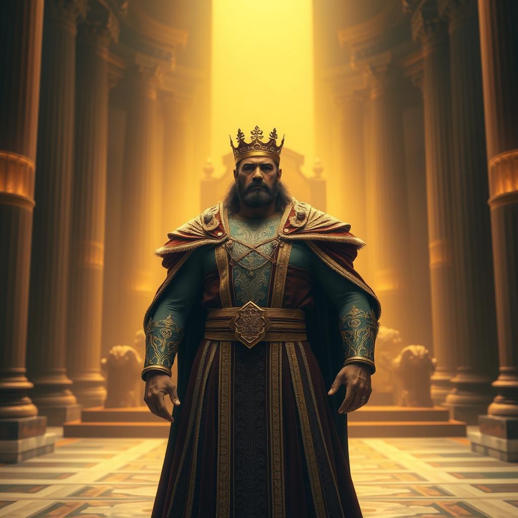 a powerful and commanding figure standing confidently with a majestic posture, wearing an elaborate royal robe with gold accents, and a crown that symbolizes authority