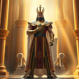 a powerful and commanding figure standing confidently with a majestic posture, wearing an elaborate royal robe with gold accents, and a crown that symbolizes authority