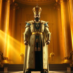 a powerful and commanding figure standing confidently with a majestic posture, wearing an elaborate royal robe with gold accents, and a crown that symbolizes authority