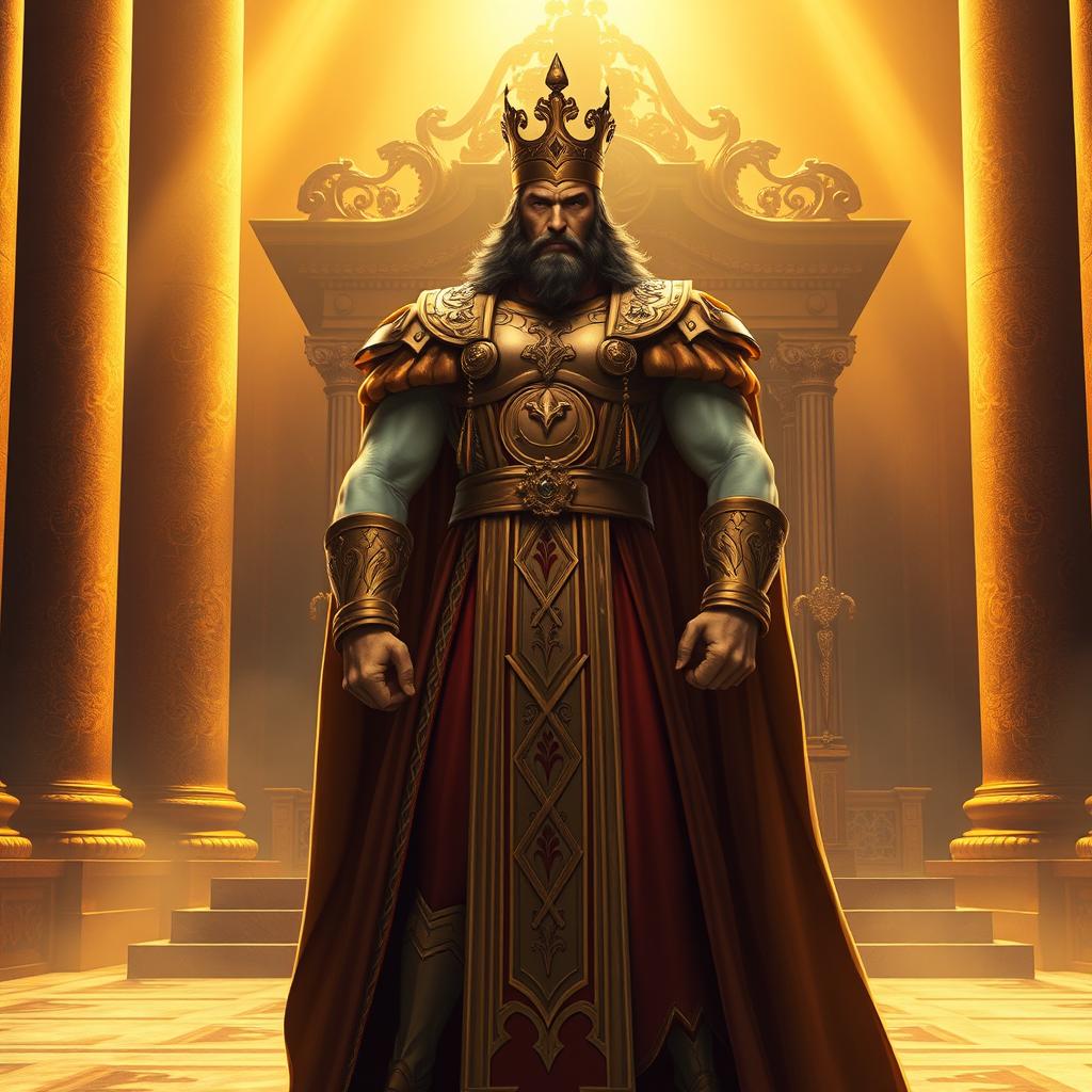 a powerful and commanding figure standing confidently with a majestic posture, wearing an elaborate royal robe with gold accents, and a crown that symbolizes authority