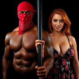 A close-up torso shot featuring a muscular African American man with a red bandana mask over his face, holding a large black baseball bat