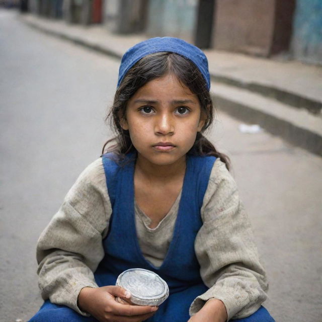 A young girl sitting on an urban street, holding out a small, worn-out cap, looking hopeful yet sad as she asks for alms.