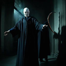 The menacing figure of Voldemort, with pale skin and snake-like slit nostrils, in a long, dark robe, with his wand held out menacingly; and Nagini, his large, sinister serpent coiling nearby, in a dimly lit room.