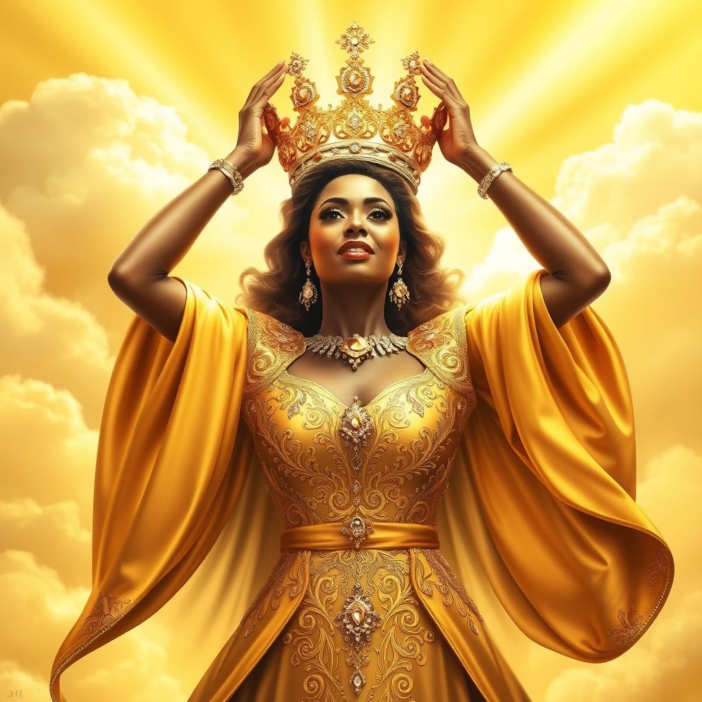 a striking golden cover featuring a powerful woman being crowned, radiating strength and authority