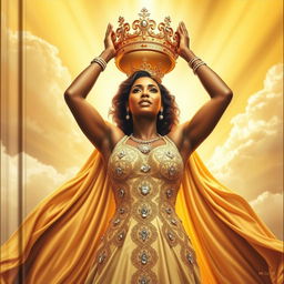 a striking golden cover featuring a powerful woman being crowned, radiating strength and authority