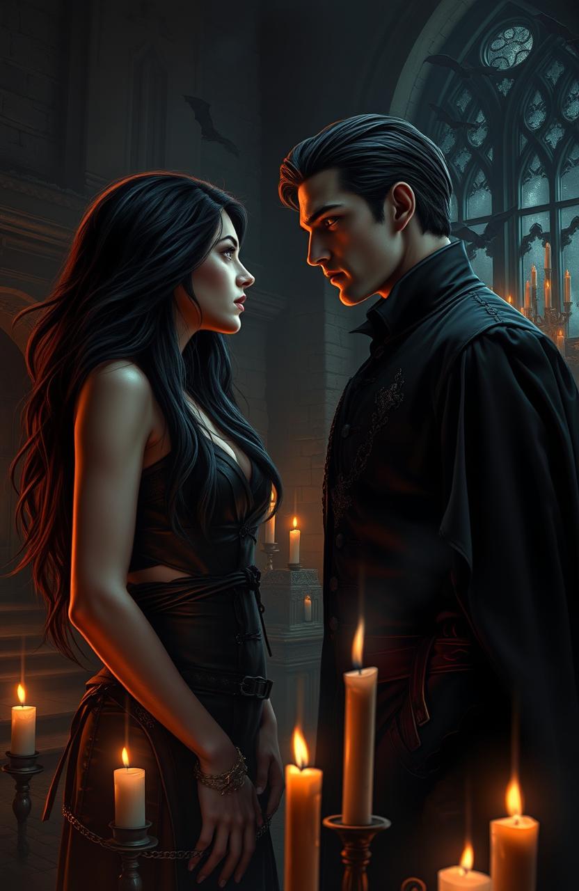 In a dark, gothic setting during a vampire apocalypse, a beautiful and defiant human slave captures the gaze of a brooding married vampire prince