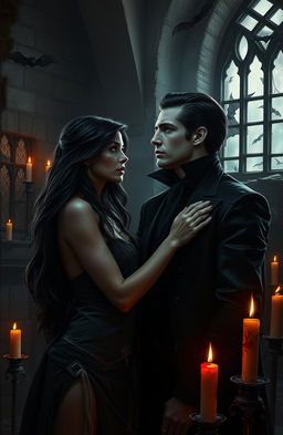 In a dark, gothic setting during a vampire apocalypse, a beautiful and defiant human slave captures the gaze of a brooding married vampire prince