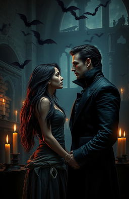In a dark, gothic setting during a vampire apocalypse, a beautiful and defiant human slave captures the gaze of a brooding married vampire prince