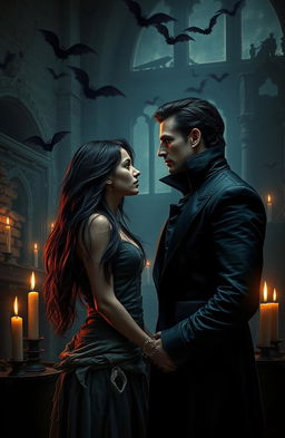 In a dark, gothic setting during a vampire apocalypse, a beautiful and defiant human slave captures the gaze of a brooding married vampire prince