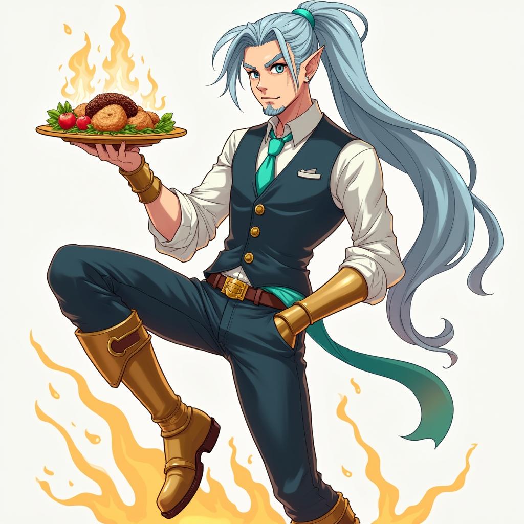 Anime-style depiction of a half-elven man with pale light-blue skin and silver-blue hair fashioned into a long ponytail, sporting a stylish goatee and semi-pointed ears that hint at his heritage