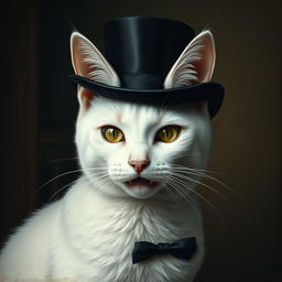 An exquisite 1800s era gothic portrait of a white cat, elegantly adorned with a finely detailed top hat