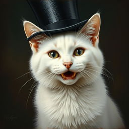 An exquisite 1800s era gothic portrait of a white cat, elegantly adorned with a finely detailed top hat