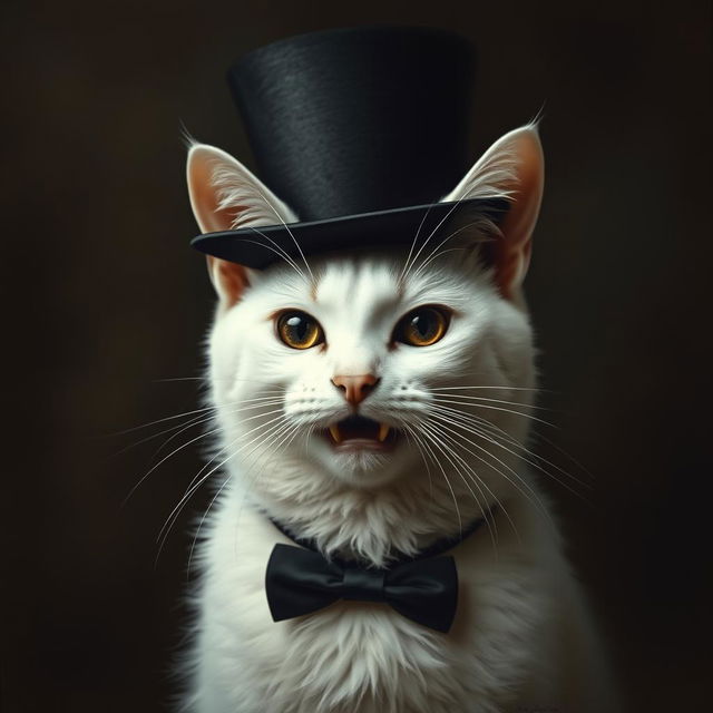 An exquisite 1800s era gothic portrait of a white cat, elegantly adorned with a finely detailed top hat