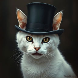 An exquisite 1800s era gothic portrait of a white cat, elegantly adorned with a finely detailed top hat