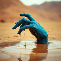 A bluish scaled alien hand with water dripping off of it reaches out from a shimmering water puddle in a vast desert landscape