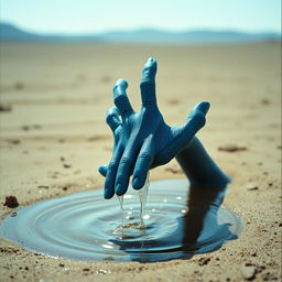 A bluish scaled alien hand with water dripping off of it reaches out from a shimmering water puddle in a vast desert landscape