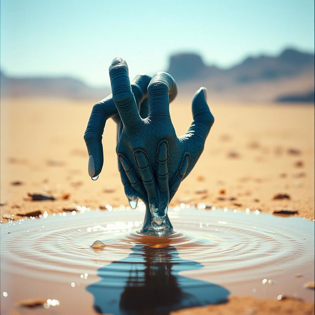 A bluish scaled alien hand with water dripping off of it reaches out from a shimmering water puddle in a vast desert landscape