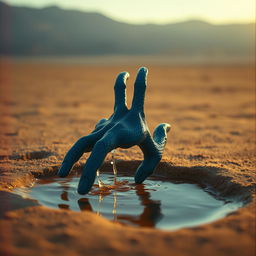 A bluish scaled alien hand with water dripping off of it reaches out from a shimmering water puddle in a vast desert landscape