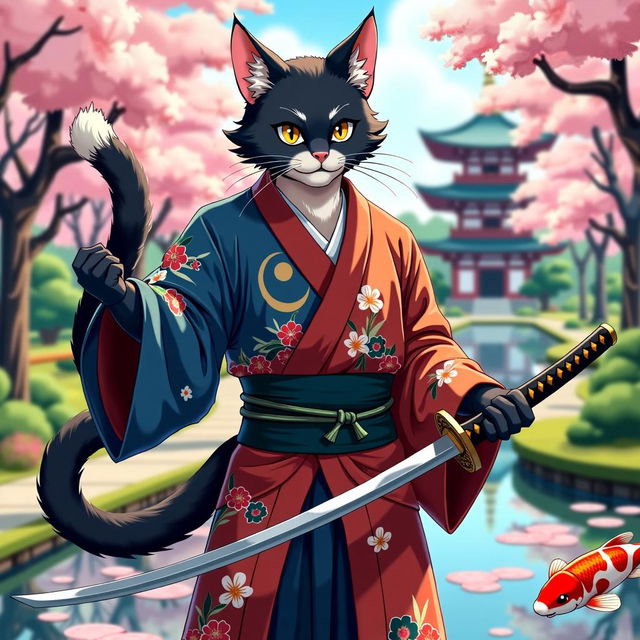 Anime style Samurai Cat-man wearing an ornate kimono