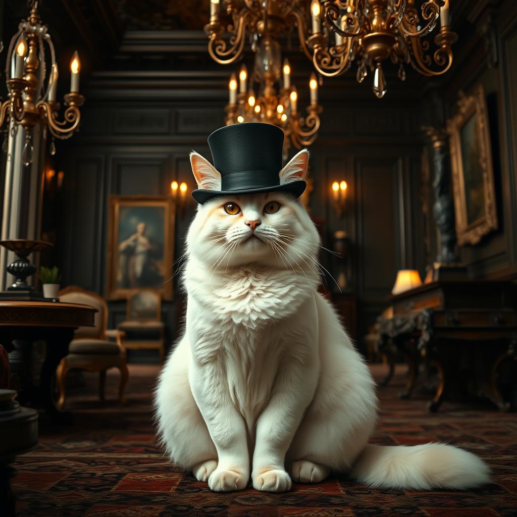 A full-body portrait of an overweight white flame point cat, elegantly wearing a top hat, set within the opulent setting of a gothic mansion