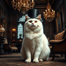 A full-body portrait of an overweight white flame point cat, elegantly wearing a top hat, set within the opulent setting of a gothic mansion