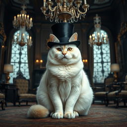 A full-body portrait of an overweight white flame point cat, elegantly wearing a top hat, set within the opulent setting of a gothic mansion