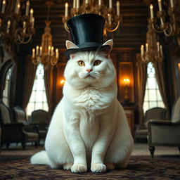 A full-body portrait of an overweight white flame point cat, elegantly wearing a top hat, set within the opulent setting of a gothic mansion