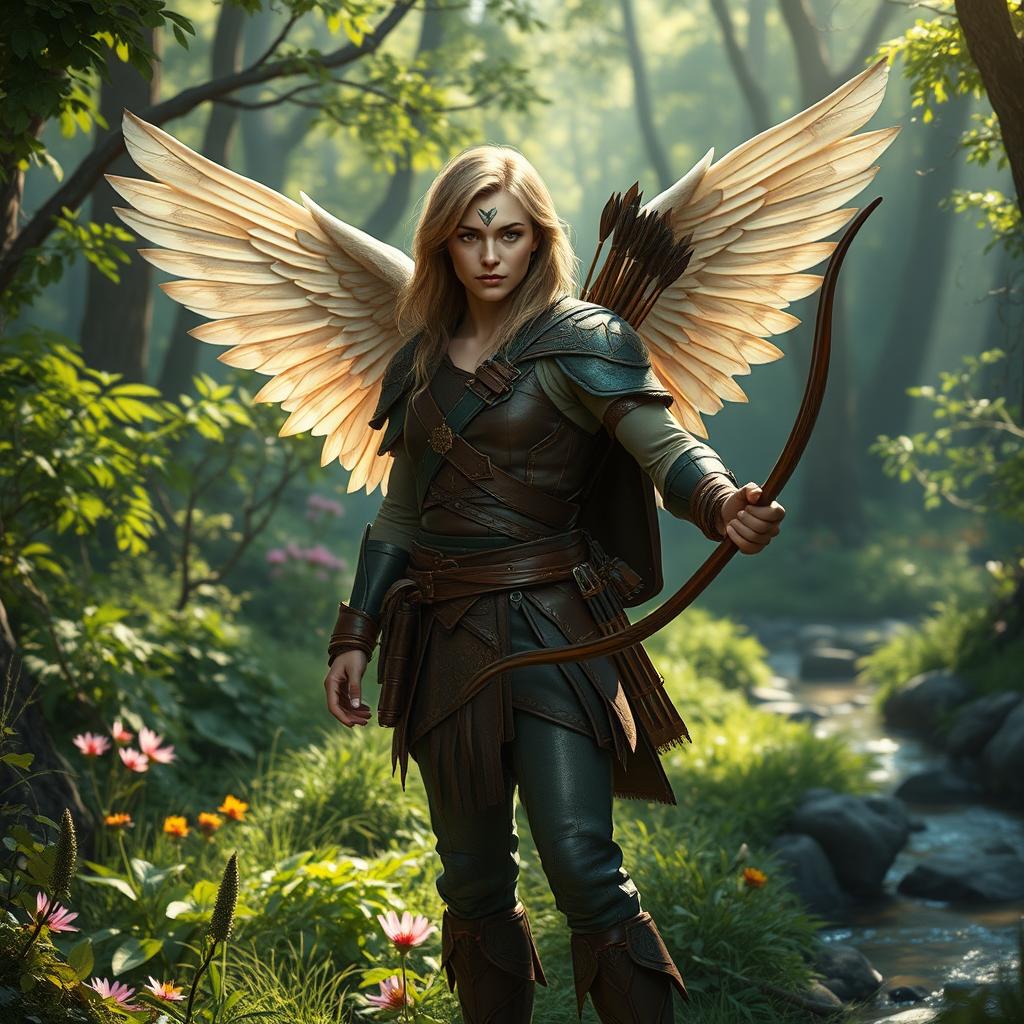 An aasimar ranger standing confidently in a lush green forest