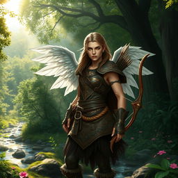 An aasimar ranger standing confidently in a lush green forest