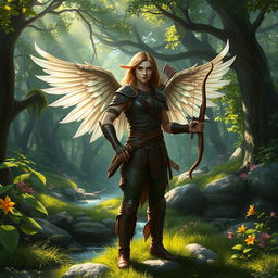 An aasimar ranger standing confidently in a lush green forest