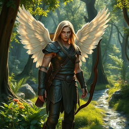 An aasimar ranger standing confidently in a lush green forest