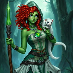 A D&D character with striking features: curly red hair and ice blue eyes, possessing green skin, representing a firbolg druid