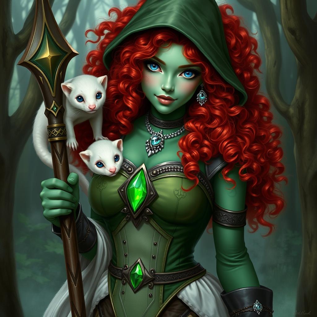 A D&D character with striking features: curly red hair and ice blue eyes, possessing green skin, representing a firbolg druid