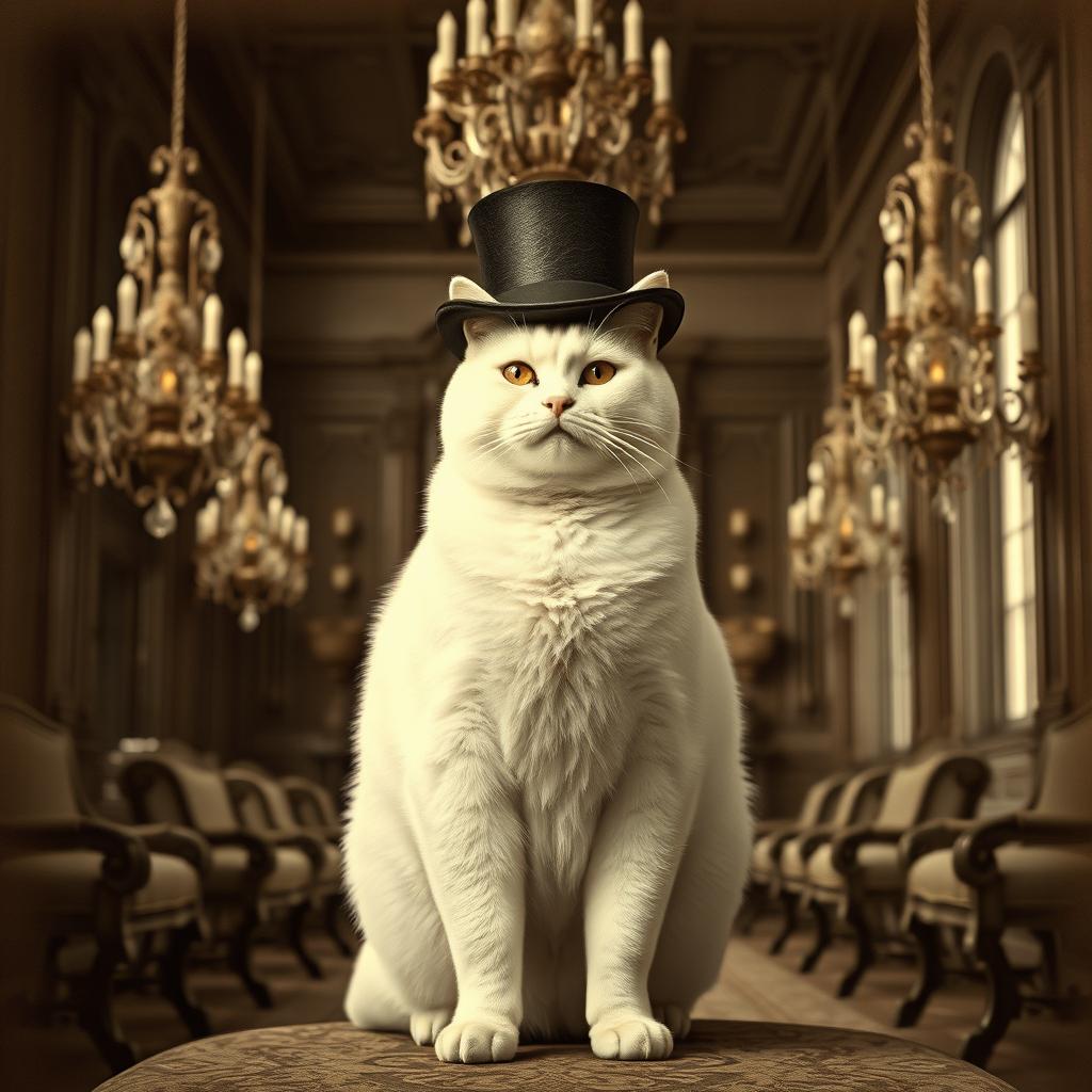 A full-body portrait of an overweight white flame point cat, stylishly wearing a top hat, set within the grandeur of a gothic mansion