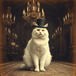 A full-body portrait of an overweight white flame point cat, stylishly wearing a top hat, set within the grandeur of a gothic mansion