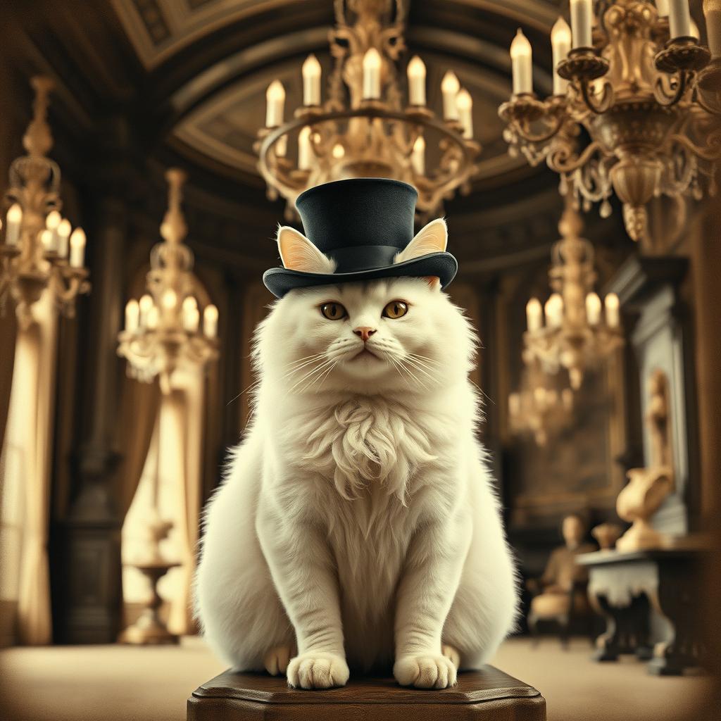 A full-body portrait of an overweight white flame point cat, stylishly wearing a top hat, set within the grandeur of a gothic mansion