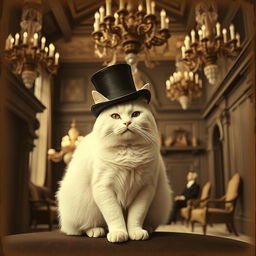 A full-body portrait of an overweight white flame point cat, stylishly wearing a top hat, set within the grandeur of a gothic mansion