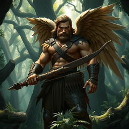 A strong and intimidating male aasimar ranger standing in a dense, mystical forest