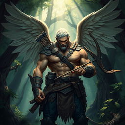 A strong and intimidating male aasimar ranger standing in a dense, mystical forest