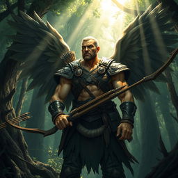 A strong and intimidating male aasimar ranger standing in a dense, mystical forest