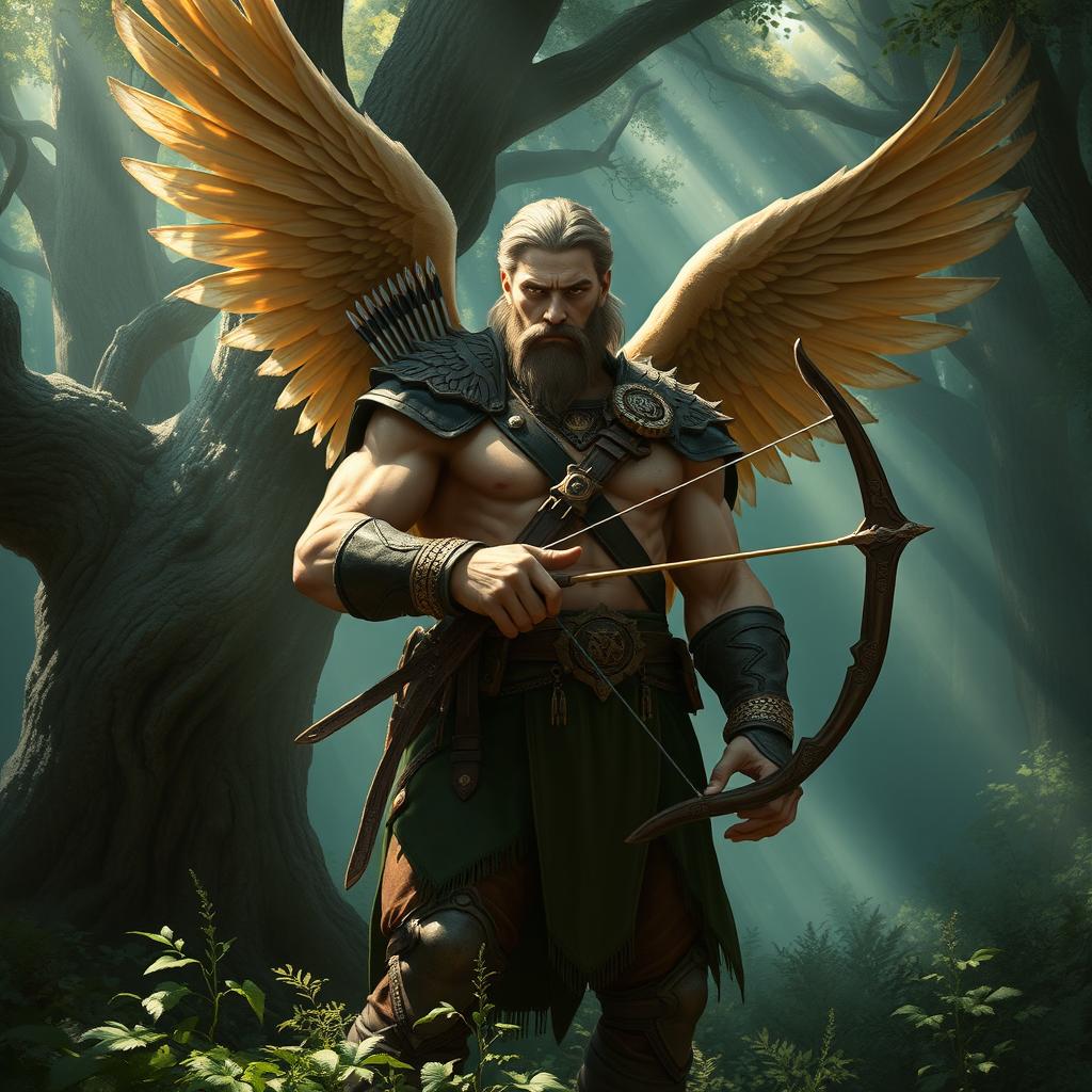 A strong and intimidating male aasimar ranger standing in a dense, mystical forest