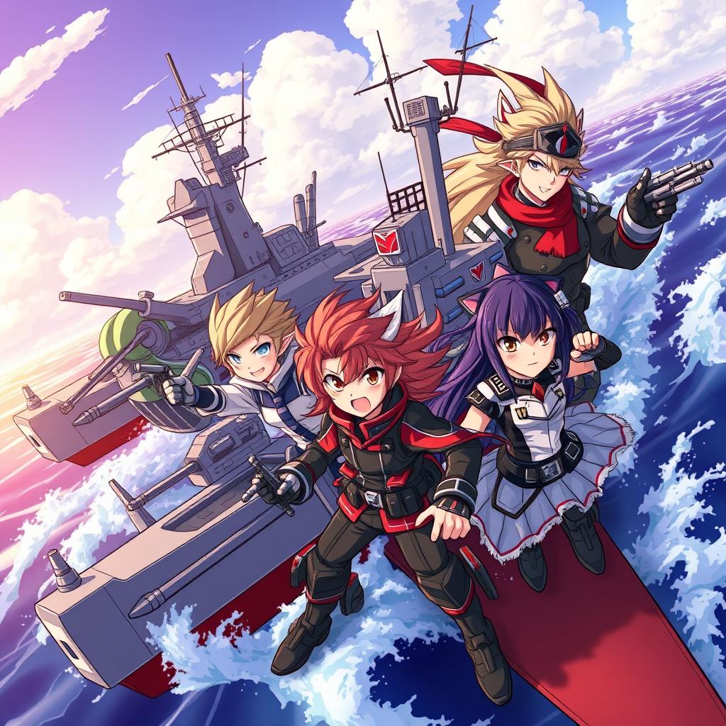 Anime-style anthropomorphized battleships, each character integrated with elements of a battleship, such as hull armor, turrets, and sleek naval designs