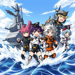 Anime-style anthropomorphized battleships, each character integrated with elements of a battleship, such as hull armor, turrets, and sleek naval designs