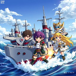 Anime-style anthropomorphized battleships, each character integrated with elements of a battleship, such as hull armor, turrets, and sleek naval designs