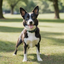 A healthy, playful dog with bright eyes and a wagging tail, standing in a sunny park, surrounded by lush greenery.