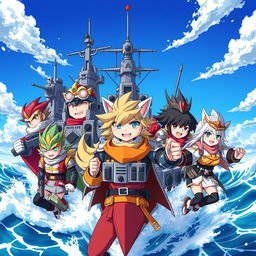 Anime-style anthropomorphized battleships, each character integrated with elements of a battleship, such as hull armor, turrets, and sleek naval designs